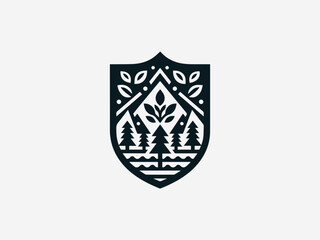 Organic nature crest black vector logo with mountain tree and river elements for outdoor brand identity