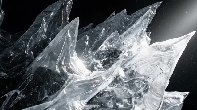 A dynamic, abstract visual features translucent, crystalline-like structures against a deep, dark background. The forms appear to be made of a clear, shimmering material, possibly plastic or ice, with