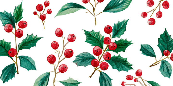Seamless Pattern of Red Berries and Green Holly Leaves on Transparent Background for Festive Design, PNG