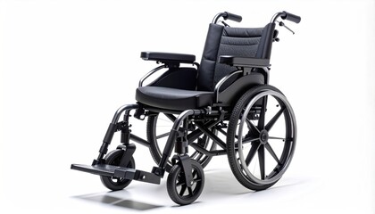 Fototapeta premium Electric wheelchair featuring a sleek design with a black cushioned seat and backrest, sturdy armrests, wider rear wheels for enhanced stability, and footrests for comfort and support.