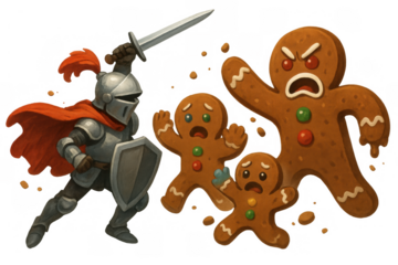 Knight in armor with sword and shield battling angry and scared gingerbread men, a funny cartoon illustration with fantasy elements