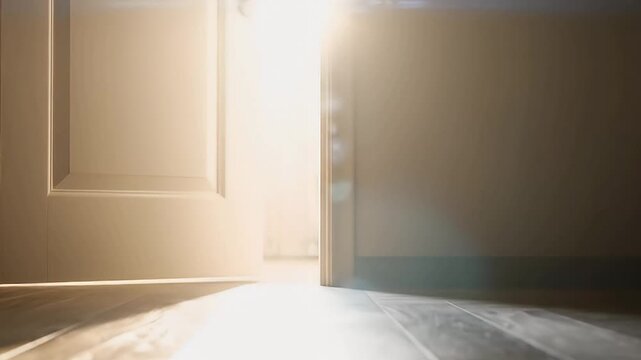 A low-angle shot captures a subtly opening door, revealing a brilliant, radiant light pouring in from an unseen room beyond. The warm, glowing illumination creates a striking contrast with the interio