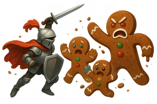 Knight in armor with sword and shield battling angry and scared gingerbread men, a funny cartoon illustration with fantasy elements
