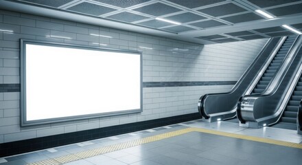 Empty modern subway station with blank billboard advertisement and moving escalators