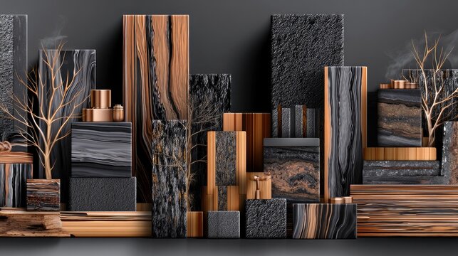 An abstract composition featuring stacked rectangular blocks of various natural materials like wood and stone, accented with metallic cylinders and delicate gol