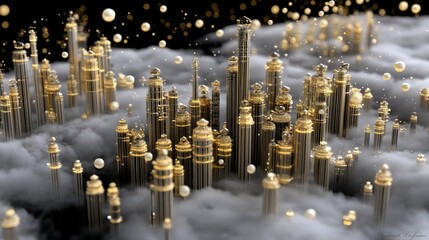 A surreal, abstract cityscape composed of numerous tall, slender towers with golden accents, emerging from a dense, ethereal cloud layer. Spherical pearls and s