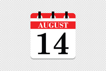 14 August Calendar icon vector, 14 dates of August month calendar icon, dates of August 14 icon calendar, vector calendar icon.