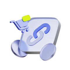 3D icon of a hyperlink symbol with a shopping cart and coins For affiliate marketing, referral program, link sharing, and monetization.