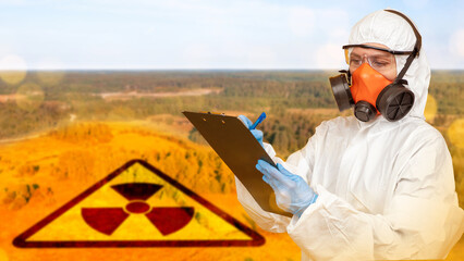 Radiation safety inspection conducted by a specialist in full protective gear documenting environmental conditions near a contaminated zone marked with a radioactive hazard symbol.