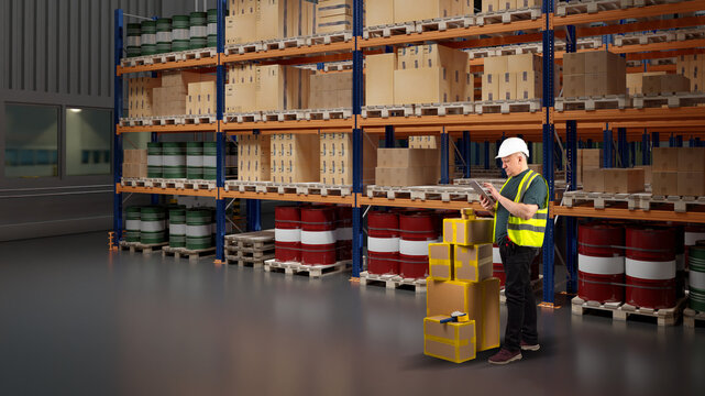 Warehouse inventory control as a worker checks stacked parcels with a tablet, managing stock levels among shelves filled with boxes and industrial barrels.