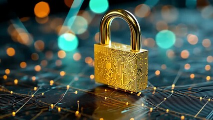 Golden padlock with intricate circuit design on a digital background with glowing lights and connections - Powered by Adobe