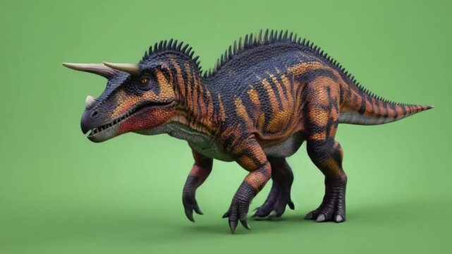Isolated dinosaur with horns and striped pattern standing on a green background in studio shot dinosaur green screen video
