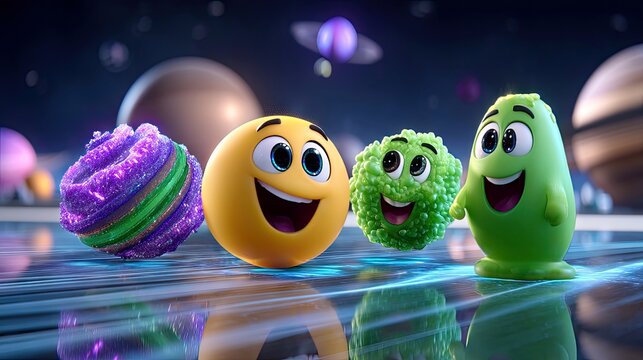 A group of four distinct, animated characters with expressive faces are positioned on a reflective surface, set against a cosmic backdrop with planets and nebul