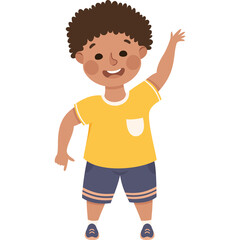Smiling Young Boy With Curly Brown Hair Wears A Yellow T Shirt And Blue Shorts Waving Hand In A Playful Pose Against A Transparent Background