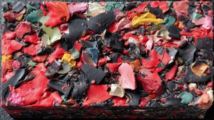 A dense, rectangular block composed of numerous small, irregularly shaped fragments of various colored materials, primarily red, black, and green, with accents