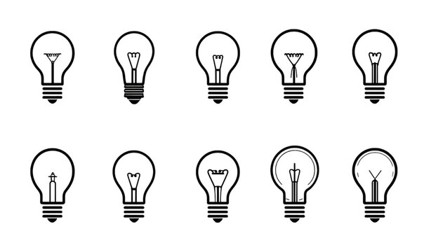 Ten Stylized Light Bulbs with Black Outlines in a Row on Transparent Backdrop, PNG
