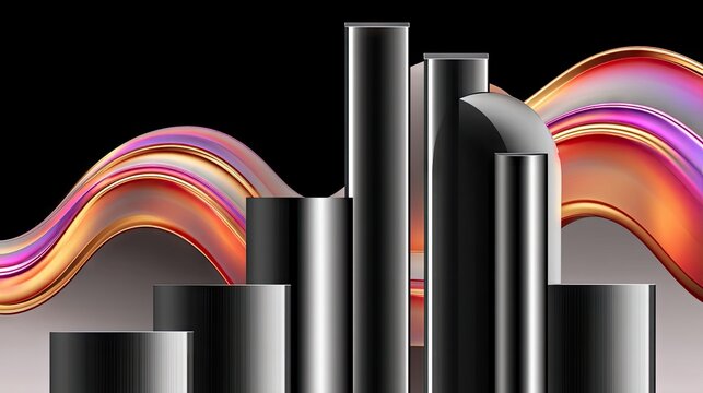 A composition of dark, cylindrical geometric shapes of varying heights and widths, set against a black background. A vibrant, swirling wave of colorful fluid, w