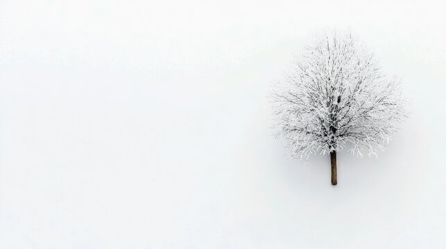 A solitary tree covered in frost stands against a vast, white snowy background. The stark contrast and minimalist composition evoke a sense of winter's quiet be - Powered by Adobe