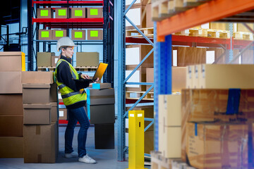 Warehouse inventory coordinator updates digital stock records while surrounded by packaged goods, ensuring accurate order processing and efficient logistics operations.