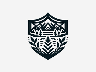 Organic nature crest black vector logo with mountain tree and river elements for outdoor brand identity