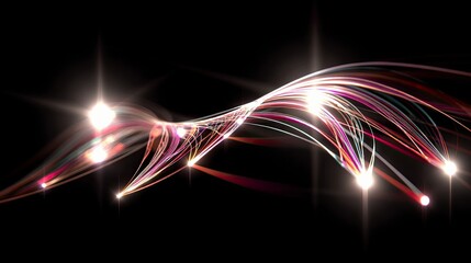 Abstract flowing streaks of colorful light with bright orbs and lens flares against a dark background.