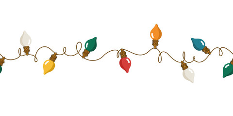 Świąteczna girlanda z kolorowymi lampkami na beżowym tle. Dekoracja bożonarodzeniowa. Bezszwowy wektorowy pasek z światełkami choinkowymi. © Monika