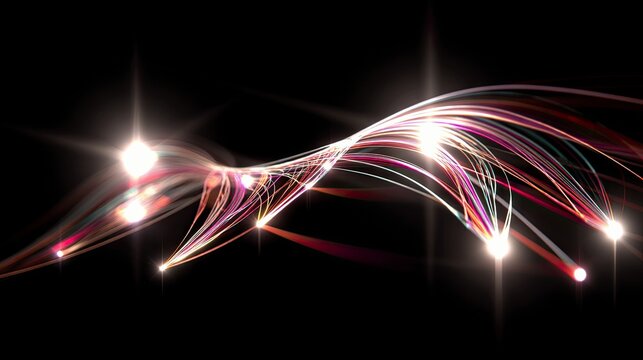 Abstract flowing streaks of colorful light with bright orbs and lens flares against a dark background.
