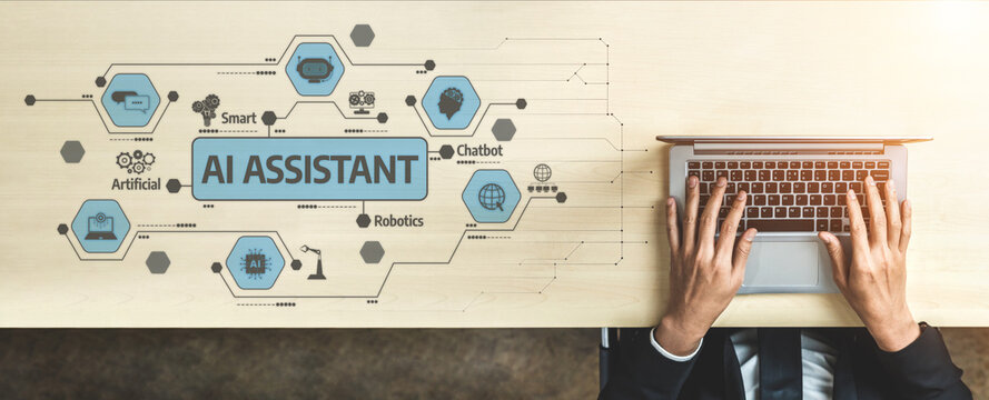 A professional workspace featuring hands typing on a laptop surrounded by AI assistant concepts, showcasing innovation and modern technology in action. Tessel - Powered by Adobe