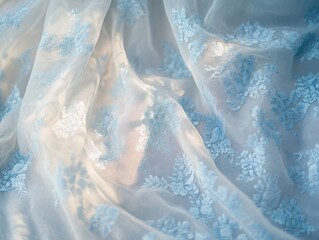Elegant Sheer Fabric with Delicate Floral Embroidery and Soft Light