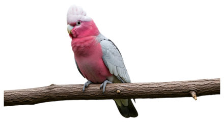 Pink and gray galah cockatoo, perched on a textured tree branch, cutout, PNG isolated on white or transparent background