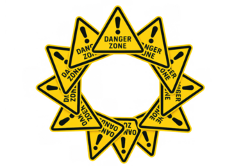 Danger zone warning signs forming a circular frame, symbolizing risk, caution, and hazard with exclamation marks