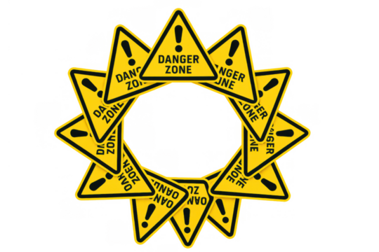 Danger zone warning signs forming a circular frame, symbolizing risk, caution, and hazard with exclamation marks - Powered by Adobe