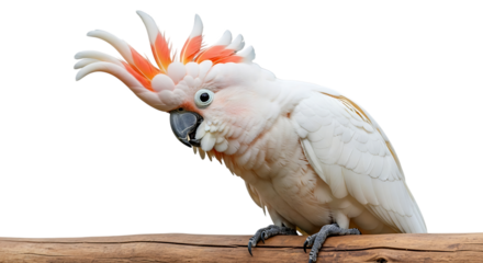 Salmon Crested Cockatoo, with Orange and White Feathers perched on Wood, cutout, PNG isolated on white or transparent background