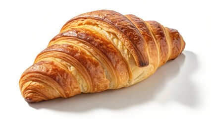Golden brown flaky croissant pastry with delicate layers on a clean white background