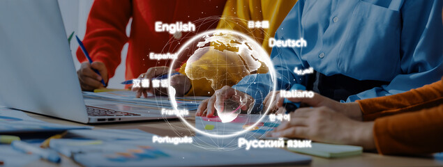 Explore a vibrant concept of global communication showcasing various languages, emphasizing the...