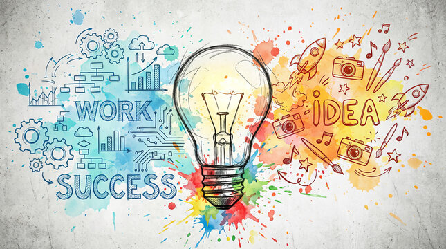 Innovation and brainstorming concept with lightbulb connecting logical work and creative ideas for business success