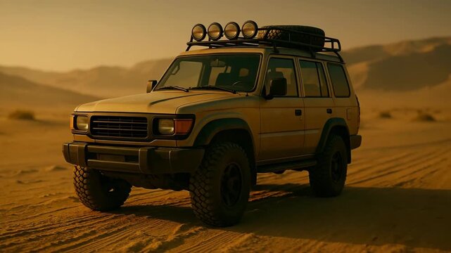 A rugged off-road SUV is parked on sunlit desert sand with distant hills in the background, exuding adventure and capability. The vehicle is equipped with large all-terrain tires, extra roof lights, a