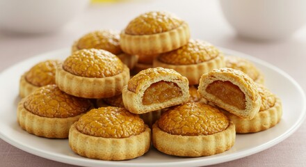 Delicious pineapple tarts arranged on a white plate showcasing their golden crust and sweet
