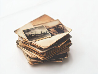 Vintage Photographs Stacked on White Surface in Soft Natural Light
