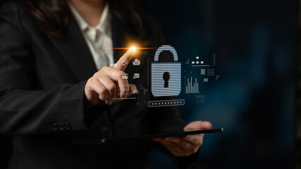 Cybersecurity protection system showing password encryption, fingerprint ID, cloud security, email, credit card, and database lock for secure data access Latch