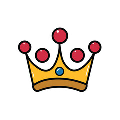 A golden cartoon crown shines with red jewels and a central blue gem