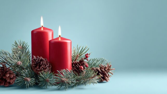 Two red candles are lit on a blue background with pine needles and berries