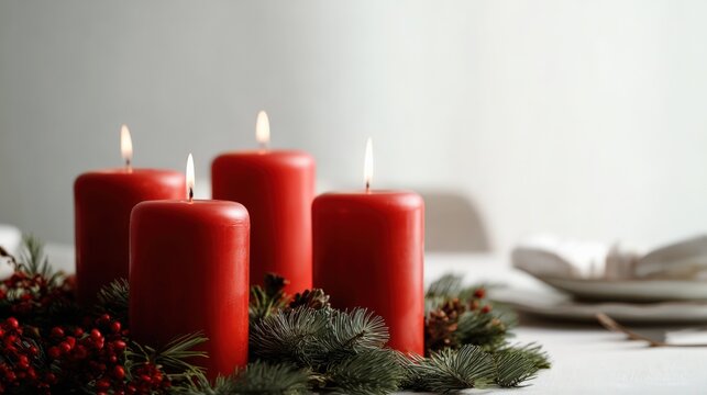 A table with four red candles and a white napkin - Powered by Adobe