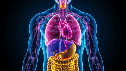 Human anatomy showing respiratory and digestive organs in detailed illustration  
