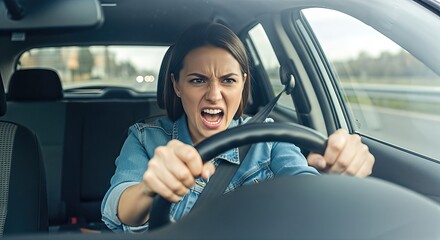 A female taxi driver expresses frustration by gripping the steering wheel tightly in a moving car, demonstrating strong emotions and driving experience.