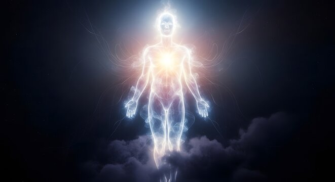 Ethereal Being: A luminous figure emerges from celestial clouds, radiating a divine glow. A symbol of transformation and transcendence