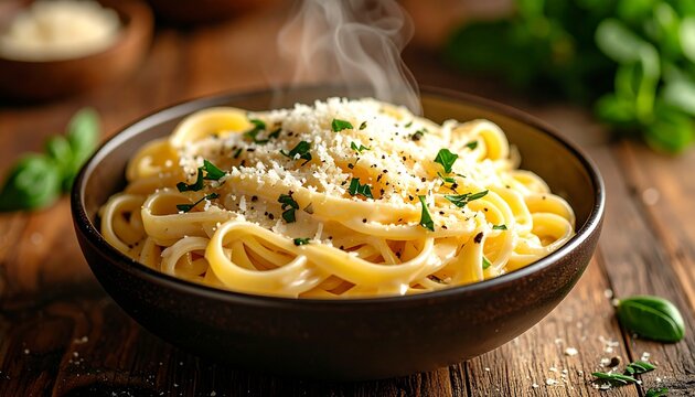 Delicious steaming hot spaghetti pasta topped with grated parmesan cheese and fresh parsley, served in a dark bowl on a wooden table
