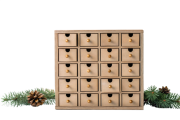 Advent Calendar of Joy: A charming, miniature wooden advent calendar with numerous tiny drawers, hinting at delightful surprises awaiting discovery during the holiday season.