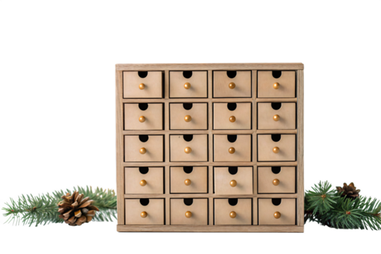 Advent Calendar of Joy: A charming, miniature wooden advent calendar with numerous tiny drawers, hinting at delightful surprises awaiting discovery during the holiday season.