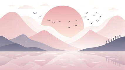 Serene mountain landscape with soft pink hues and reflecting water at sunrise